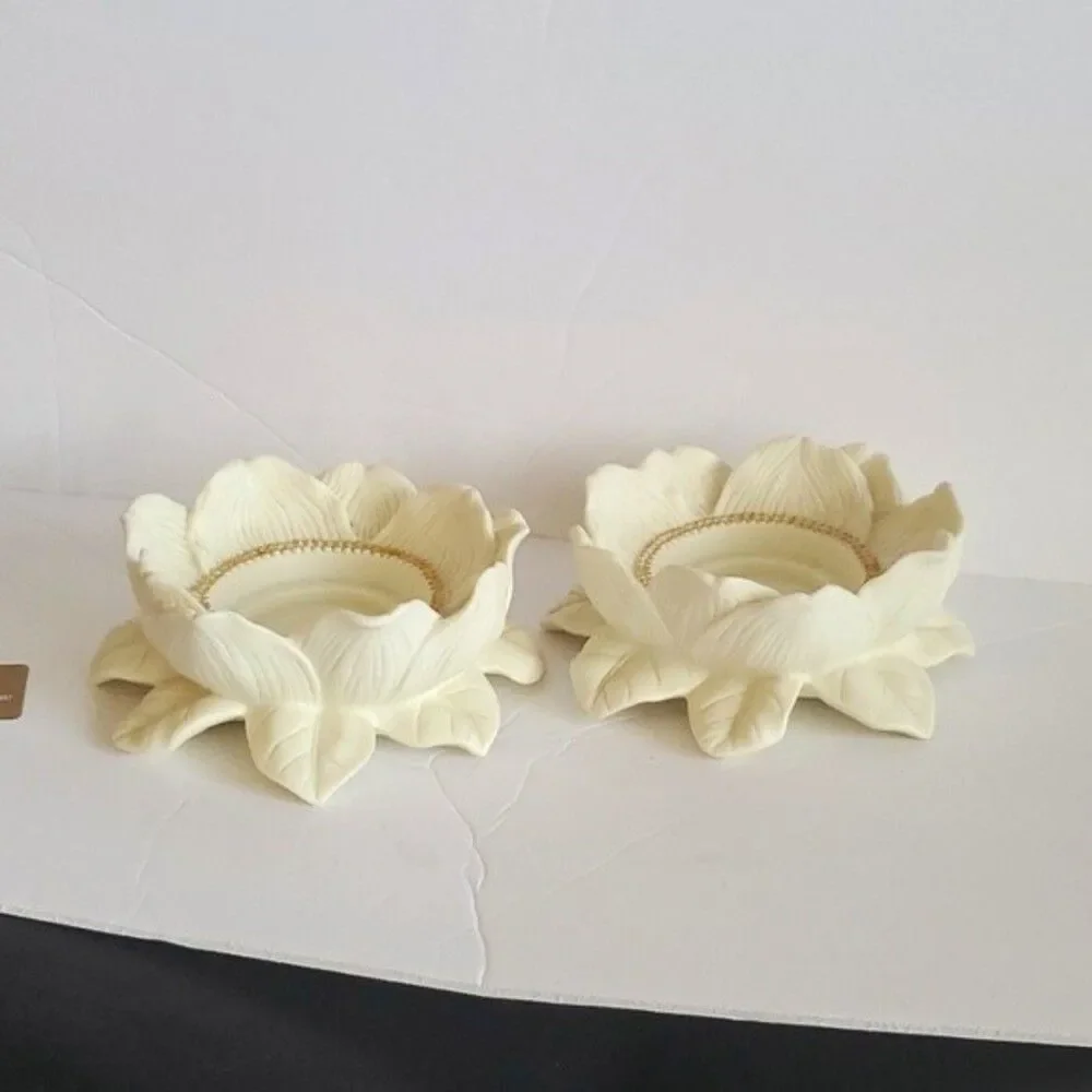 PartyLite P7369 Magnolia Lotus Flower Candle Holders Set of 2 Bisque Porcelain